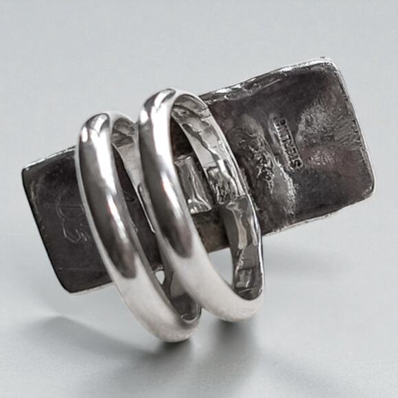 Vintage 925 Silver Abalone Shell Ring Size 8 Chunky Double Band Statement - Picture 5 of 9